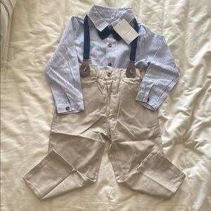 SANGTREE Striped Blue&White button down shirt khaki pants suspenders & bow tie